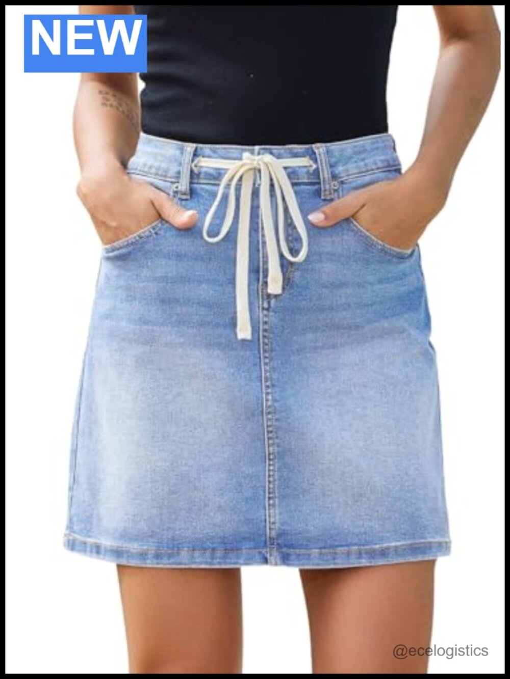 High Waist Drawstring Stretchy Casual Mini Denim Skirt with Pockets